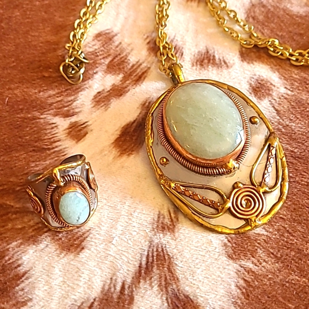 Aquamarine Mixed Metal Pendant and Matching Adjustable Ring
